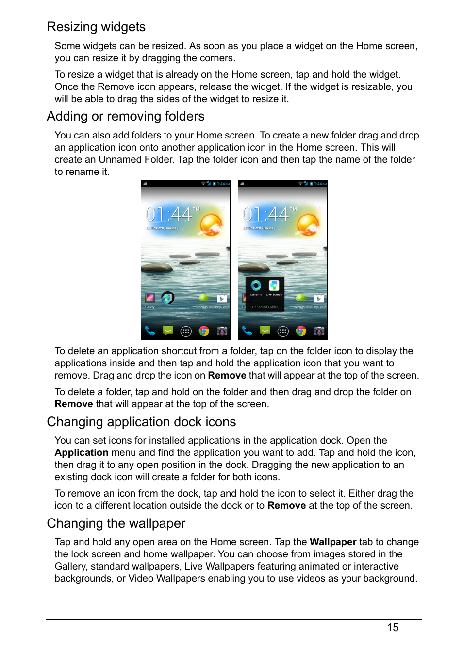Resizing widgets, Adding or removing folders, Changing application dock icons | Changing the wallpaper | Acer S510 User Manual | Page 15 / 65