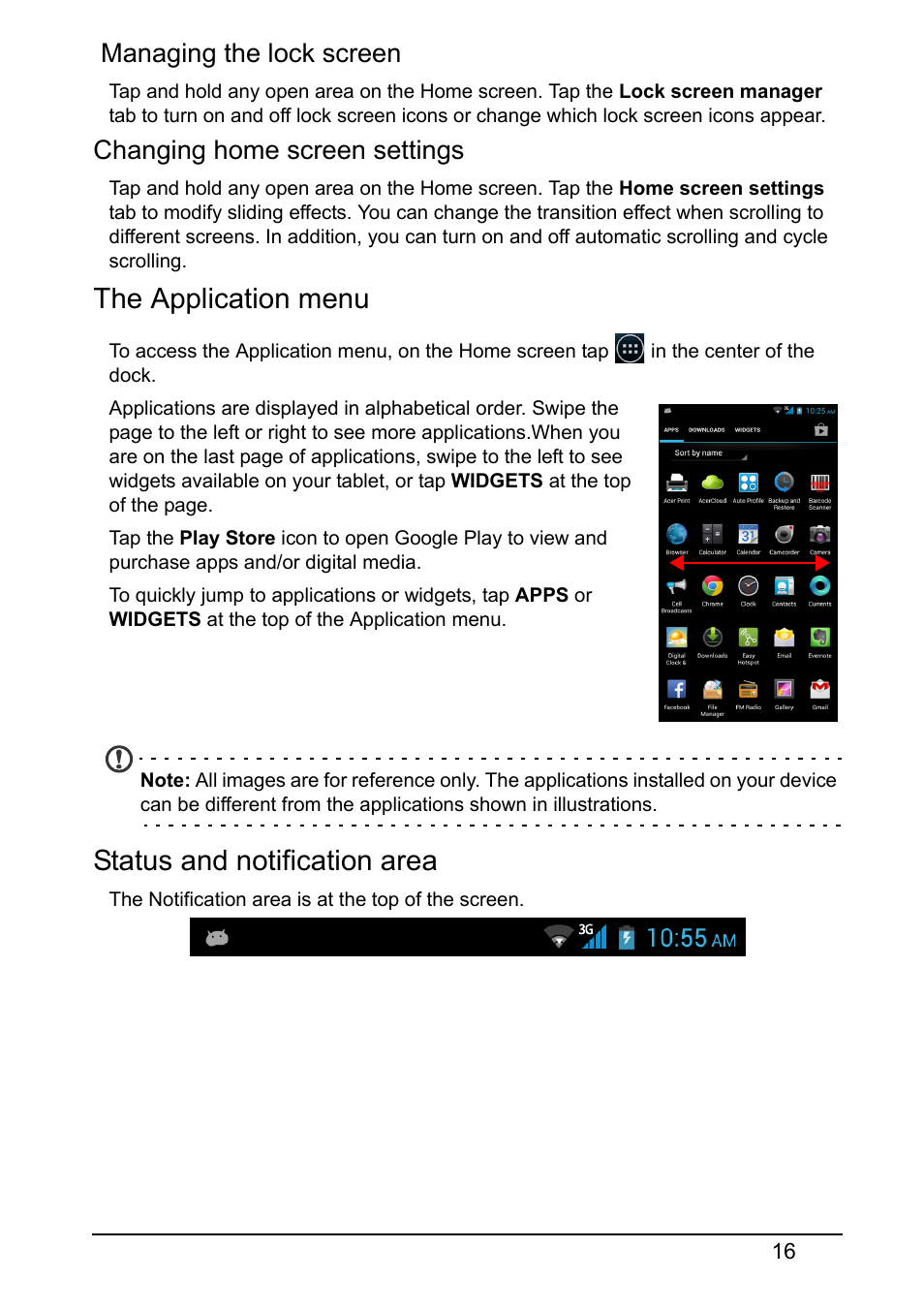 The application menu, Status and notification area, Managing the lock screen | Changing home screen settings | Acer S510 User Manual | Page 16 / 65