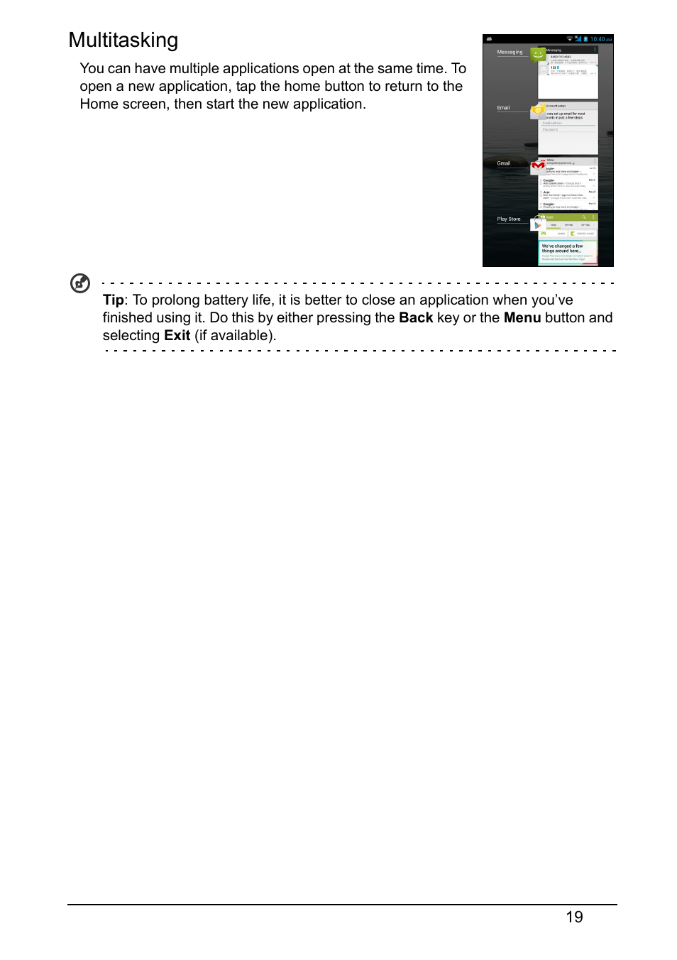 Multitasking | Acer S510 User Manual | Page 19 / 65