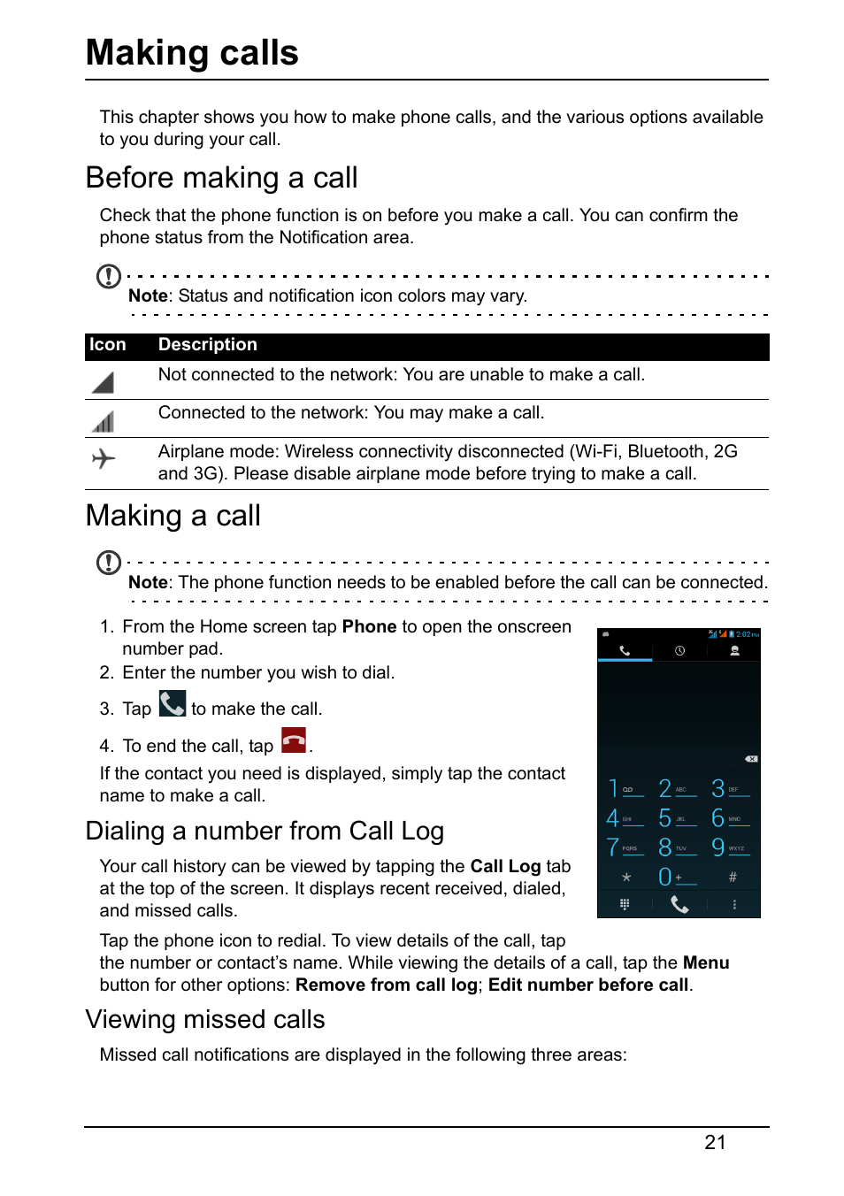 Making calls, Before making a call, Making a call | Dialing a number from call log, Viewing missed calls, Before making a call making a call | Acer S510 User Manual | Page 21 / 65