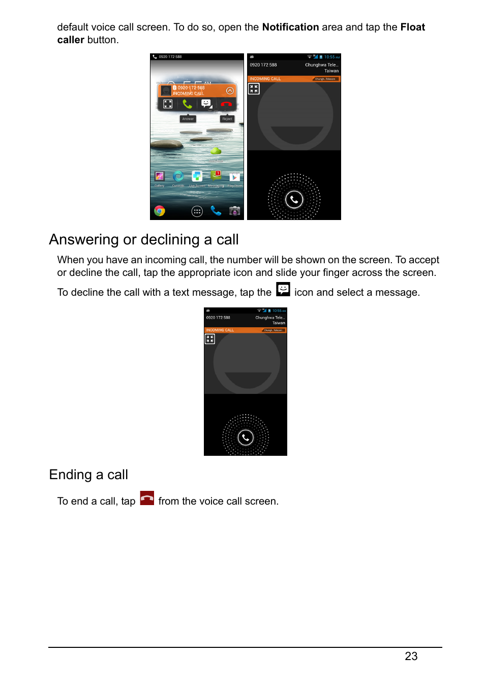 Answering or declining a call, Ending a call | Acer S510 User Manual | Page 23 / 65