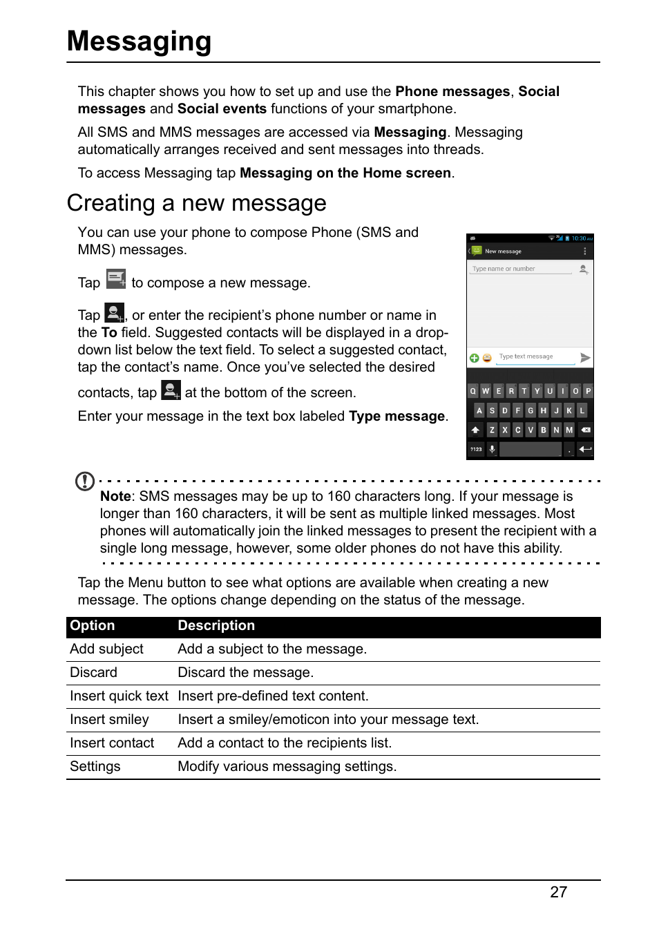 Messaging, Creating a new message | Acer S510 User Manual | Page 27 / 65