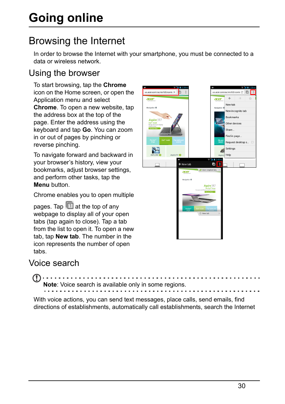 Going online, Browsing the internet, Using the browser | Voice search | Acer S510 User Manual | Page 30 / 65