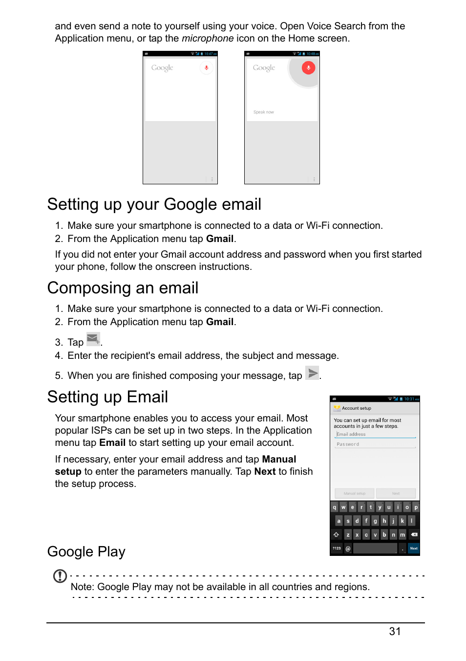 Setting up your google email, Composing an email, Setting up email | Google play | Acer S510 User Manual | Page 31 / 65