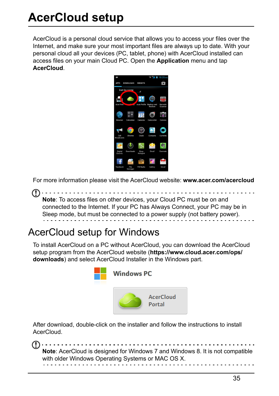 Acercloud setup, Acercloud setup for windows | Acer S510 User Manual | Page 35 / 65