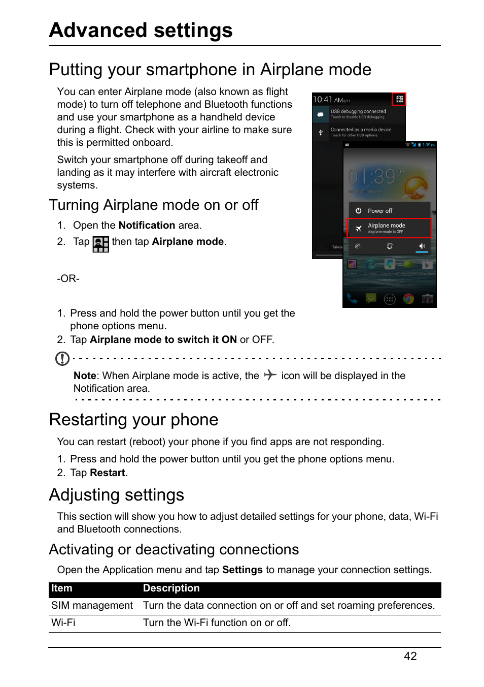 Advanced settings, Putting your smartphone in airplane mode, Turning airplane mode on or off | Restarting your phone, Adjusting settings, Activating or deactivating connections | Acer S510 User Manual | Page 42 / 65