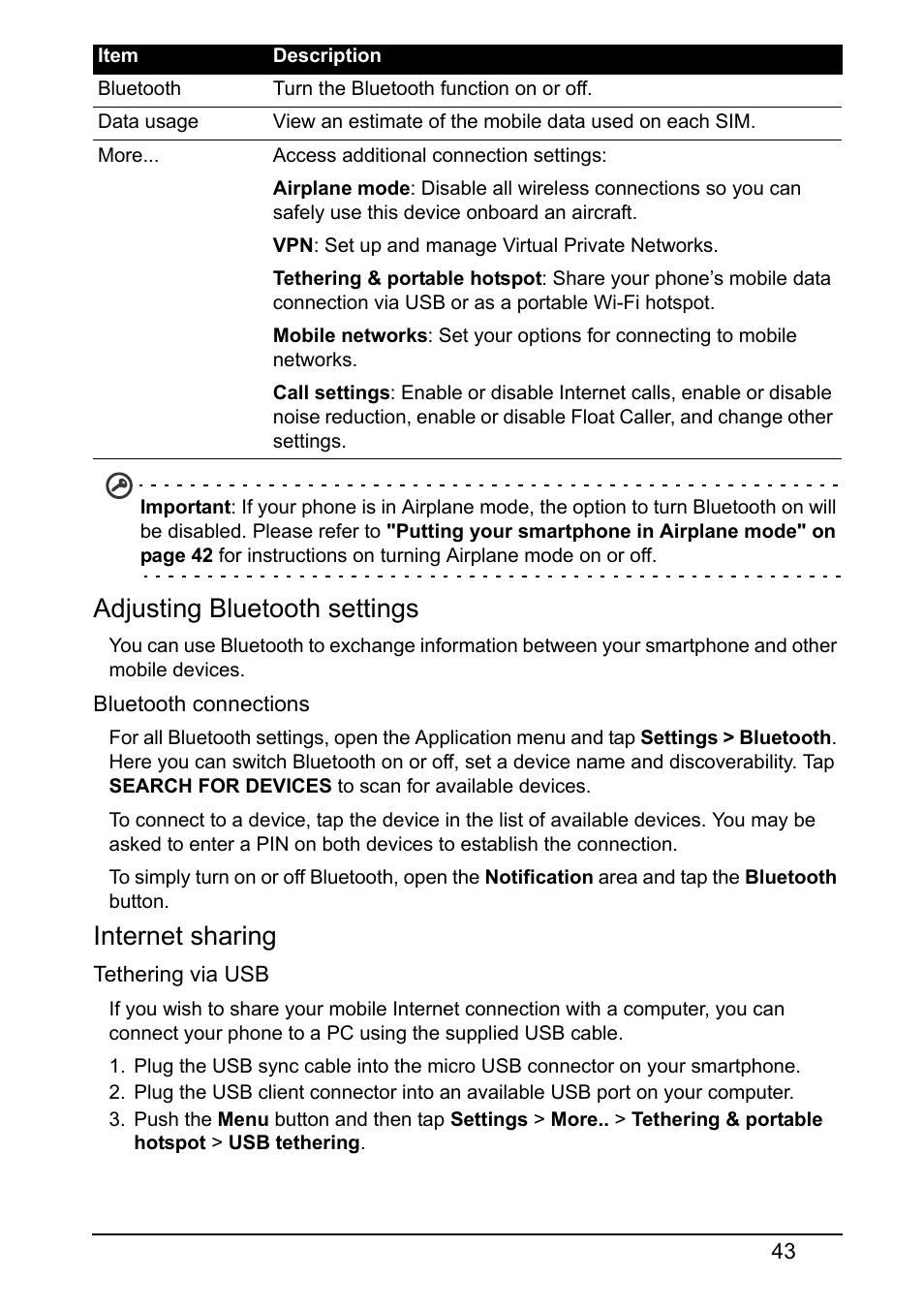 Adjusting bluetooth settings, Internet sharing | Acer S510 User Manual | Page 43 / 65