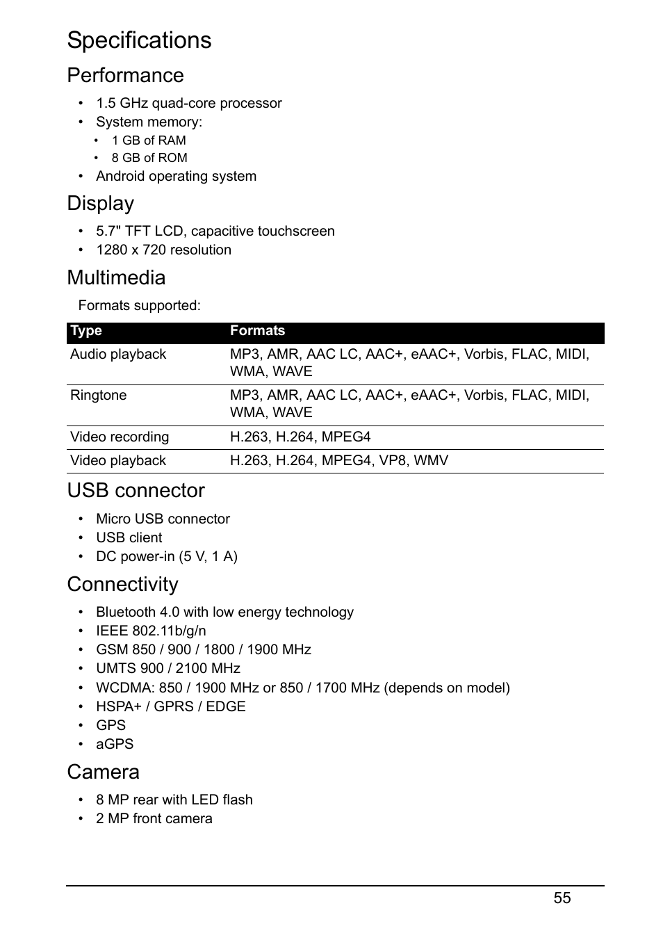 Specifications, Performance, Display | Multimedia, Usb connector, Connectivity, Camera | Acer S510 User Manual | Page 55 / 65