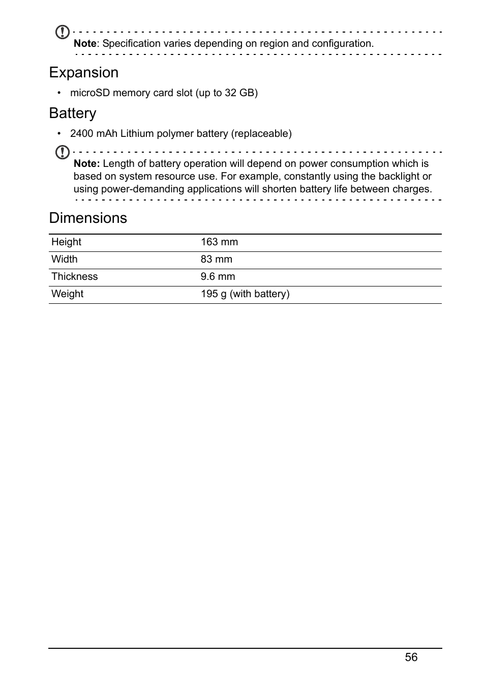 Expansion, Battery, Dimensions | Acer S510 User Manual | Page 56 / 65