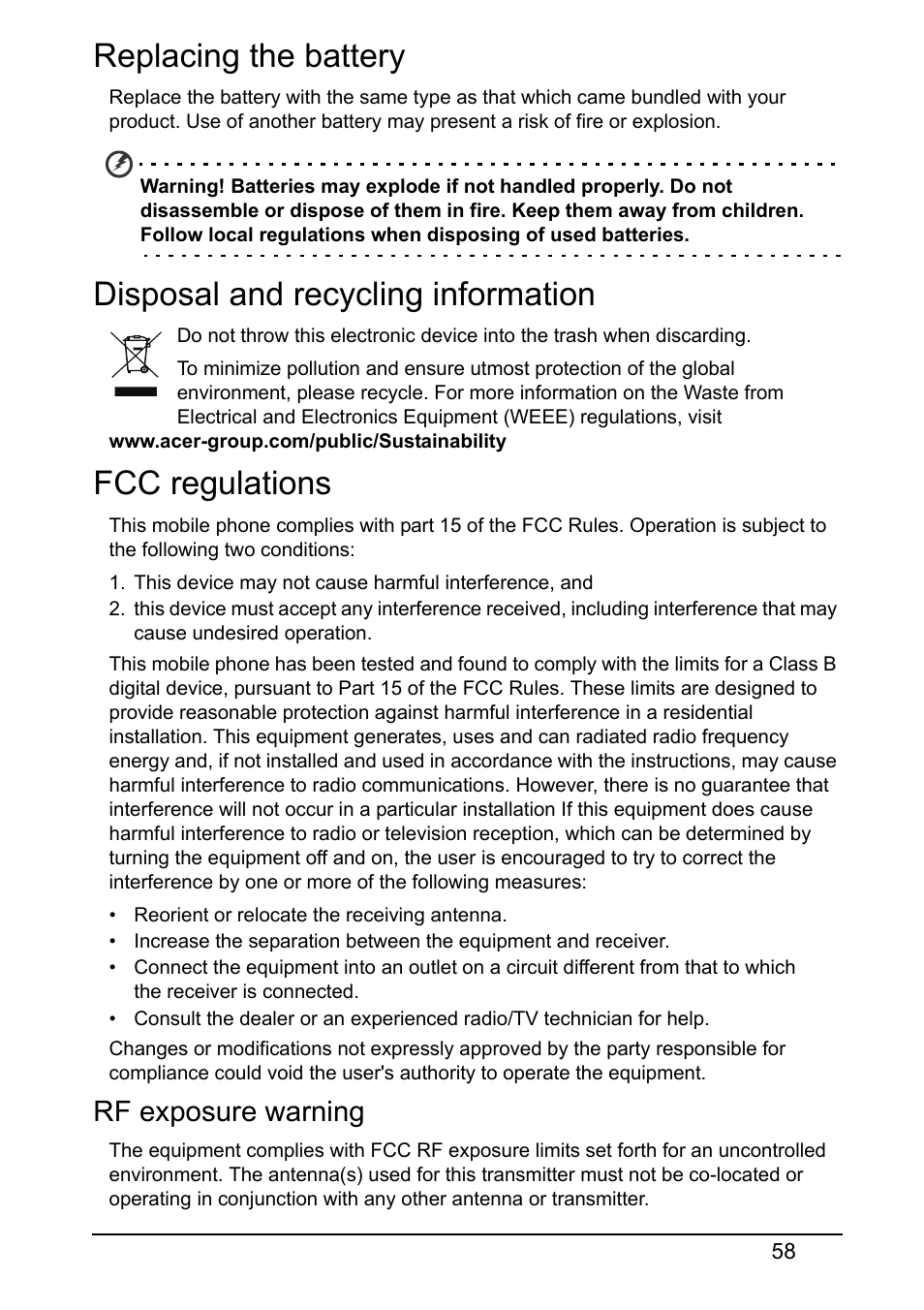 Replacing the battery, Disposal and recycling information, Fcc regulations | Rf exposure warning | Acer S510 User Manual | Page 58 / 65