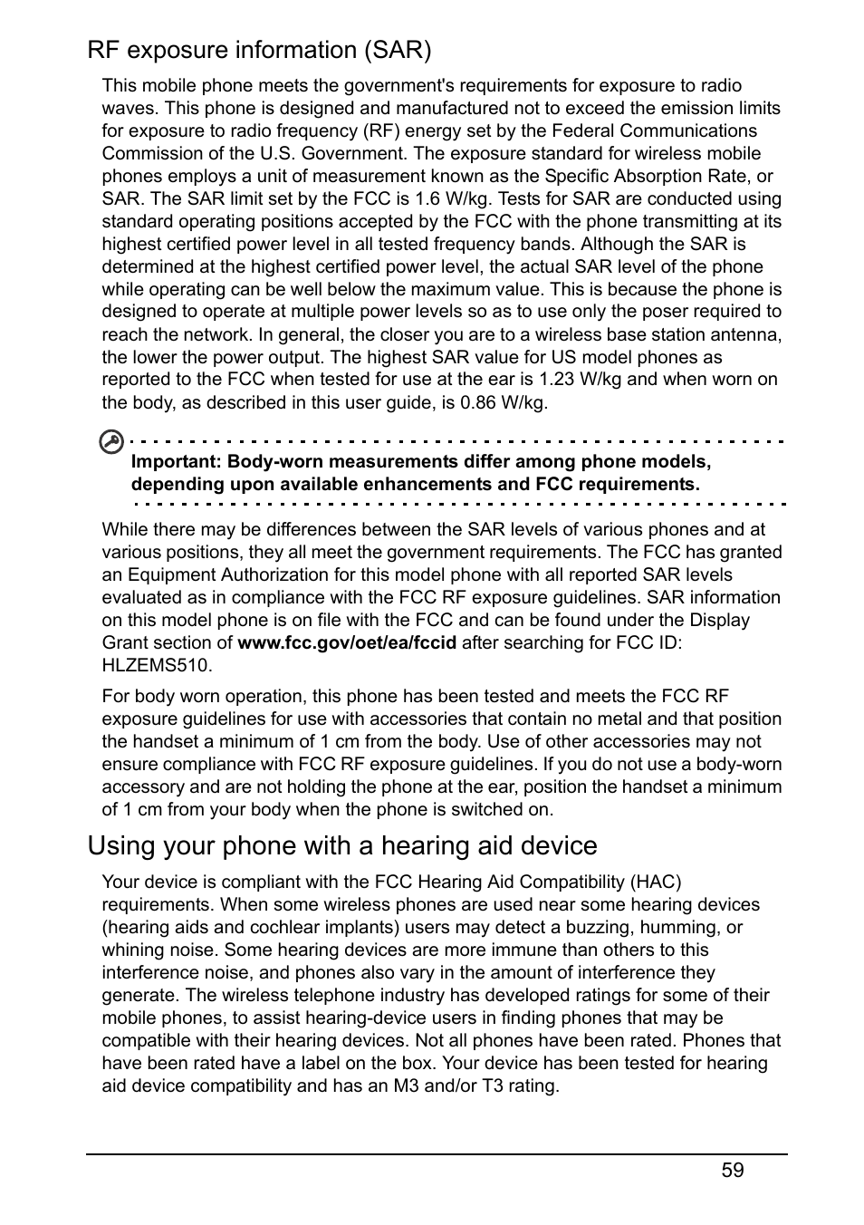 Using your phone with a hearing aid device, Rf exposure information (sar) | Acer S510 User Manual | Page 59 / 65