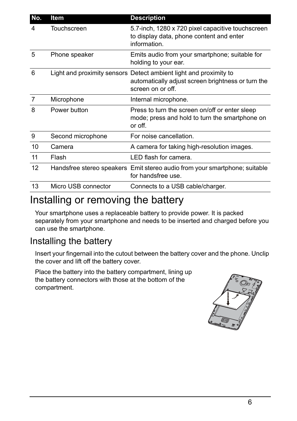 Installing or removing the battery, Installing the battery | Acer S510 User Manual | Page 6 / 65