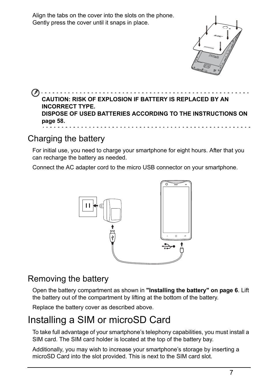 Charging the battery, Removing the battery, Installing a sim or microsd card | Acer S510 User Manual | Page 7 / 65