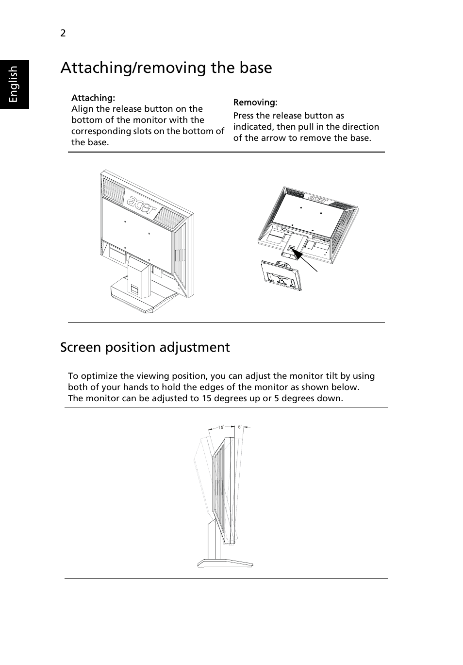 Attaching/removing the base, Screen position adjustment | Acer B193 User Manual | Page 16 / 28