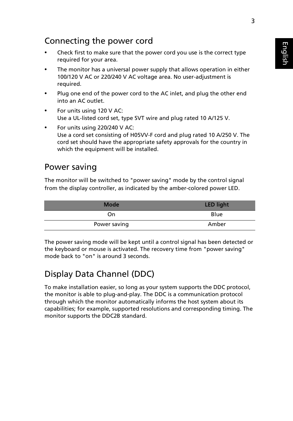 Connecting the power cord, Power saving, Display data channel (ddc) | Acer B193 User Manual | Page 17 / 28