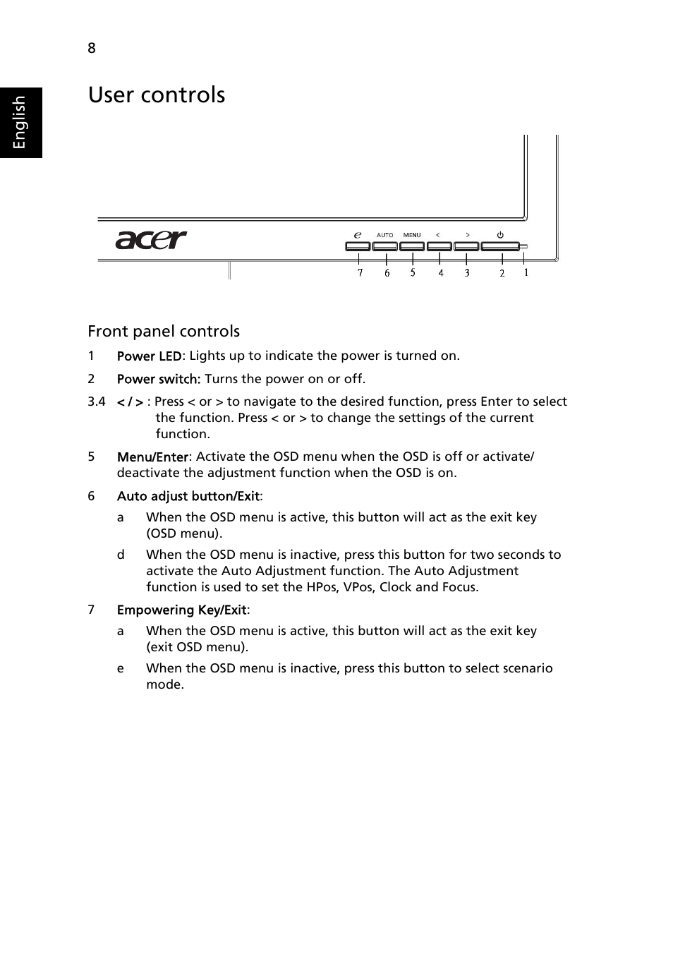 User controls | Acer B193 User Manual | Page 22 / 28