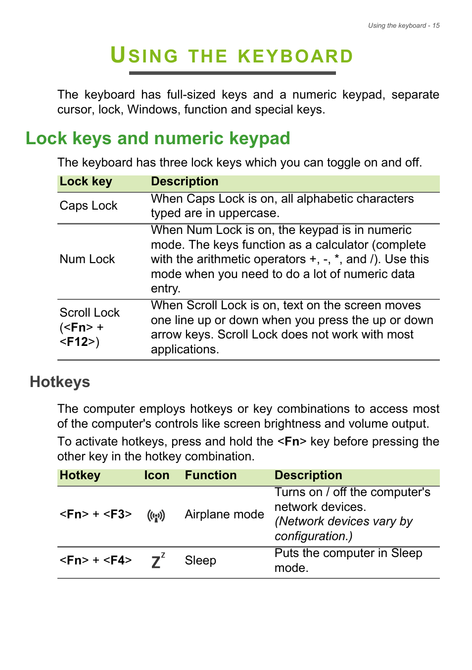 Using the keyboard, Lock keys and numeric keypad, Hotkeys | Sing, Keyboard | Acer Aspire E1-510P User Manual | Page 15 / 95
