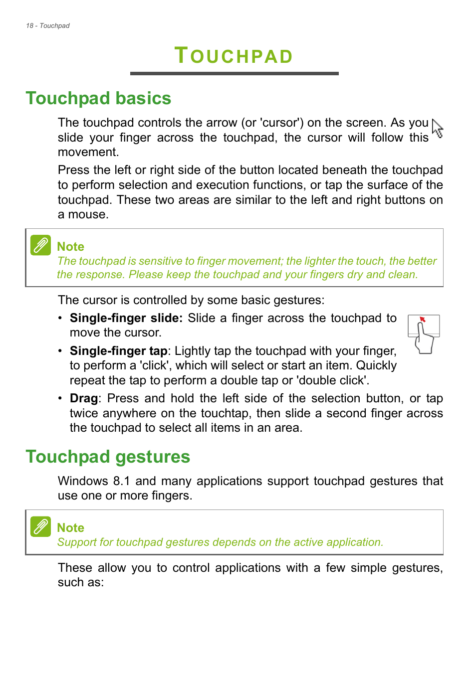 Touchpad, Touchpad basics, Touchpad gestures | Touchpad basics touchpad gestures, Ouchpad touchpad basics | Acer Aspire E1-510P User Manual | Page 18 / 95