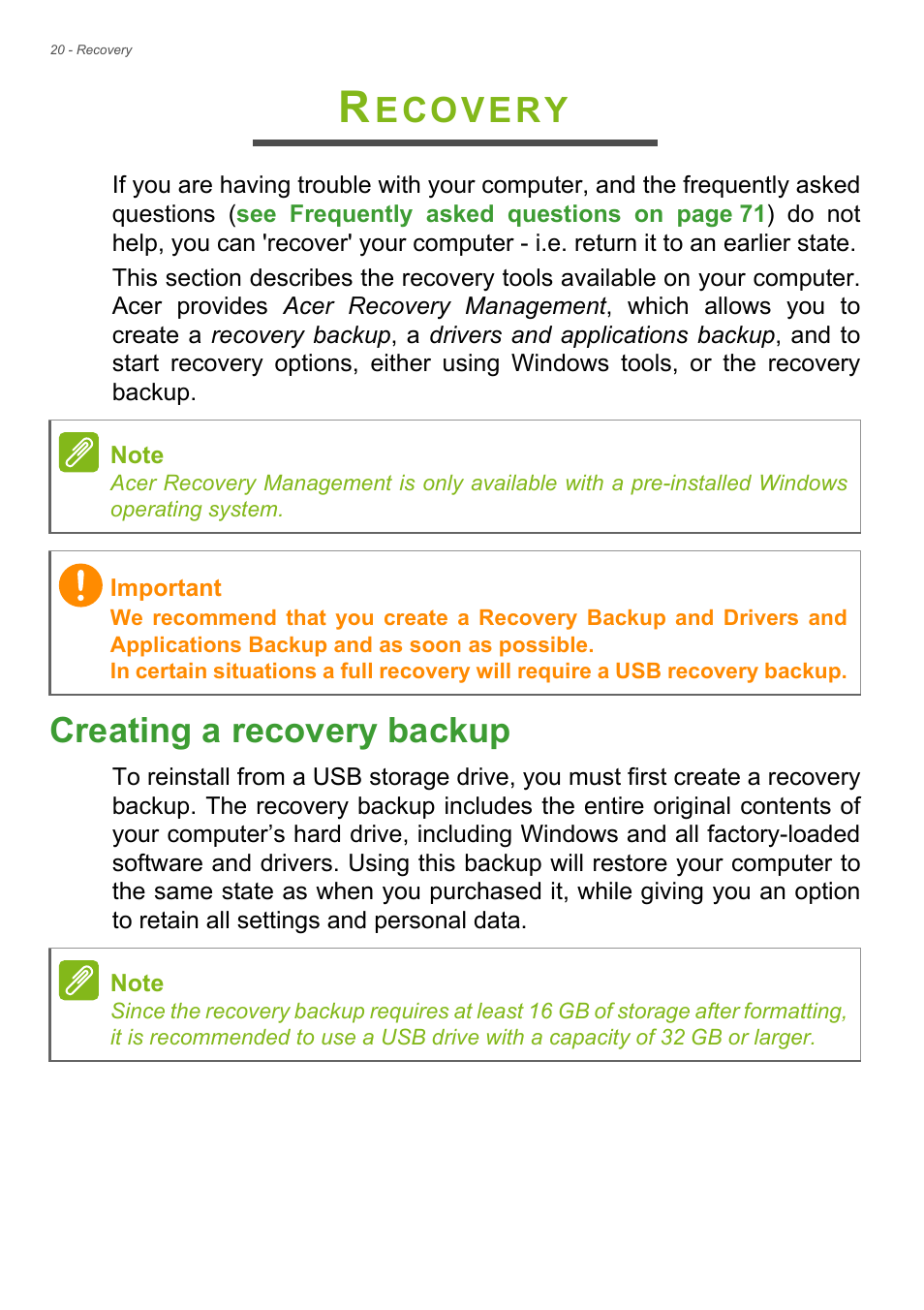 Recovery, Creating a recovery backup, Ecovery | Acer Aspire E1-510P User Manual | Page 20 / 95