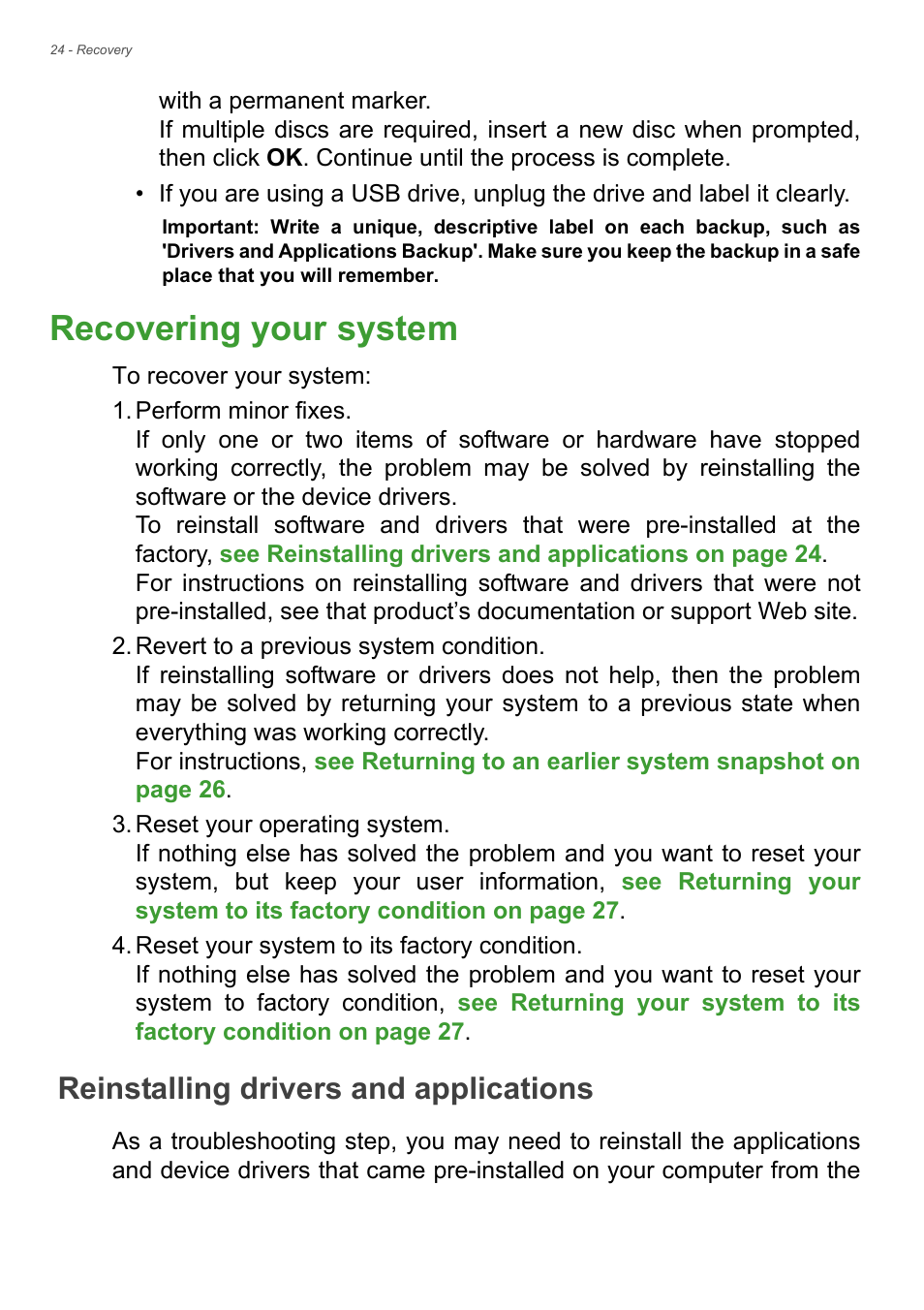 Recovering your system, Reinstalling drivers and applications | Acer Aspire E1-510P User Manual | Page 24 / 95