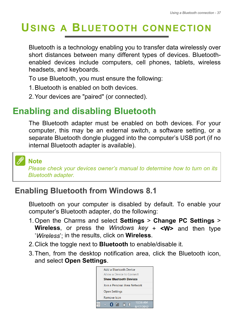 Using a bluetooth connection, Enabling and disabling bluetooth, Enabling bluetooth from windows 8.1 | Sing, Luetooth, Connection | Acer Aspire E1-510P User Manual | Page 37 / 95