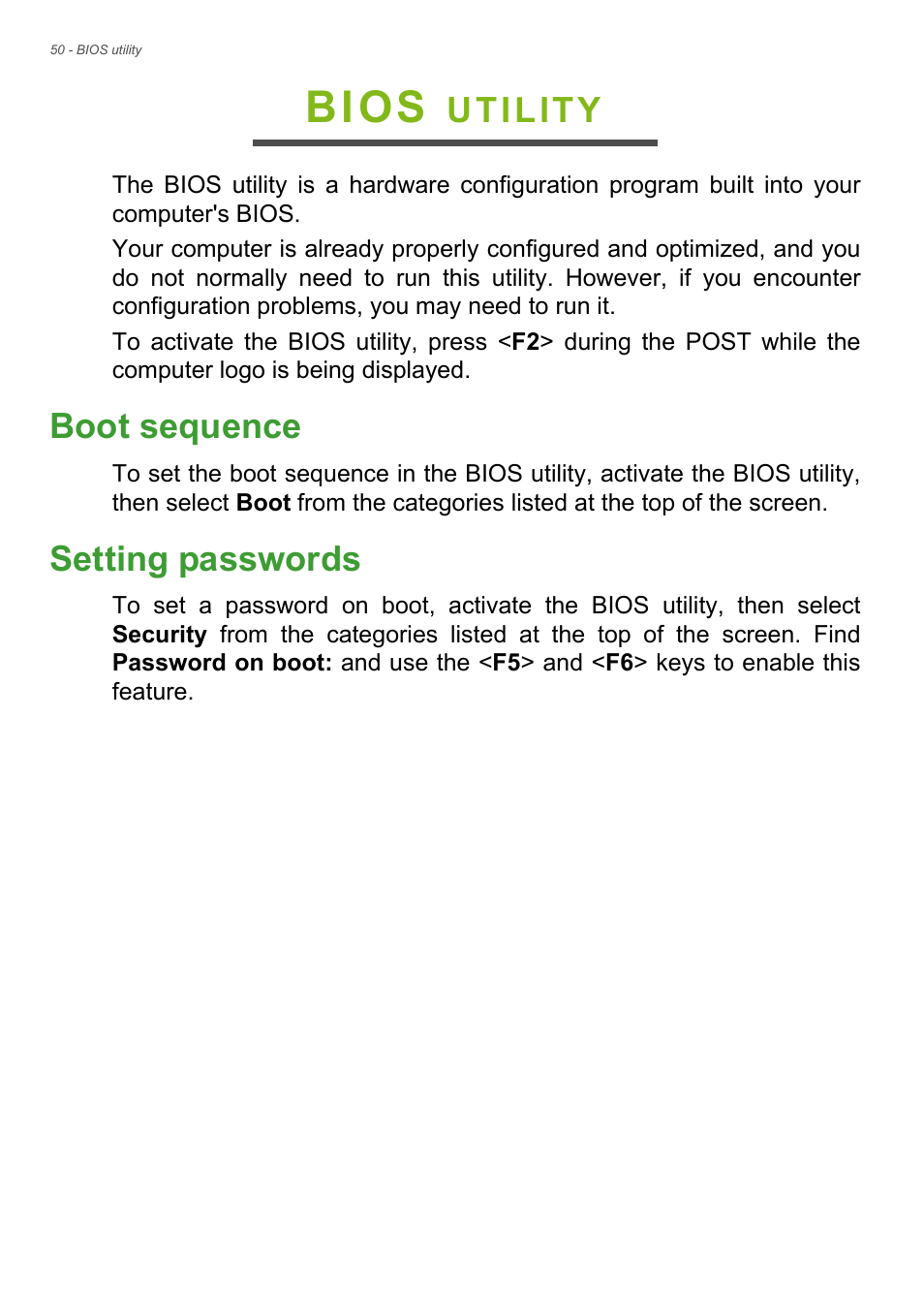 Bios utility, Boot sequence, Setting passwords | Boot sequence setting passwords, Bios, Utility | Acer Aspire E1-510P User Manual | Page 50 / 95