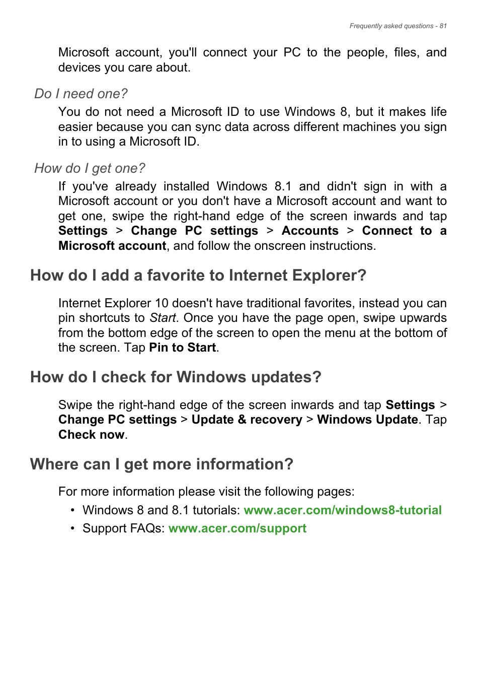 How do i add a favorite to internet explorer, How do i check for windows updates, Where can i get more information | Acer Aspire E1-510P User Manual | Page 81 / 95