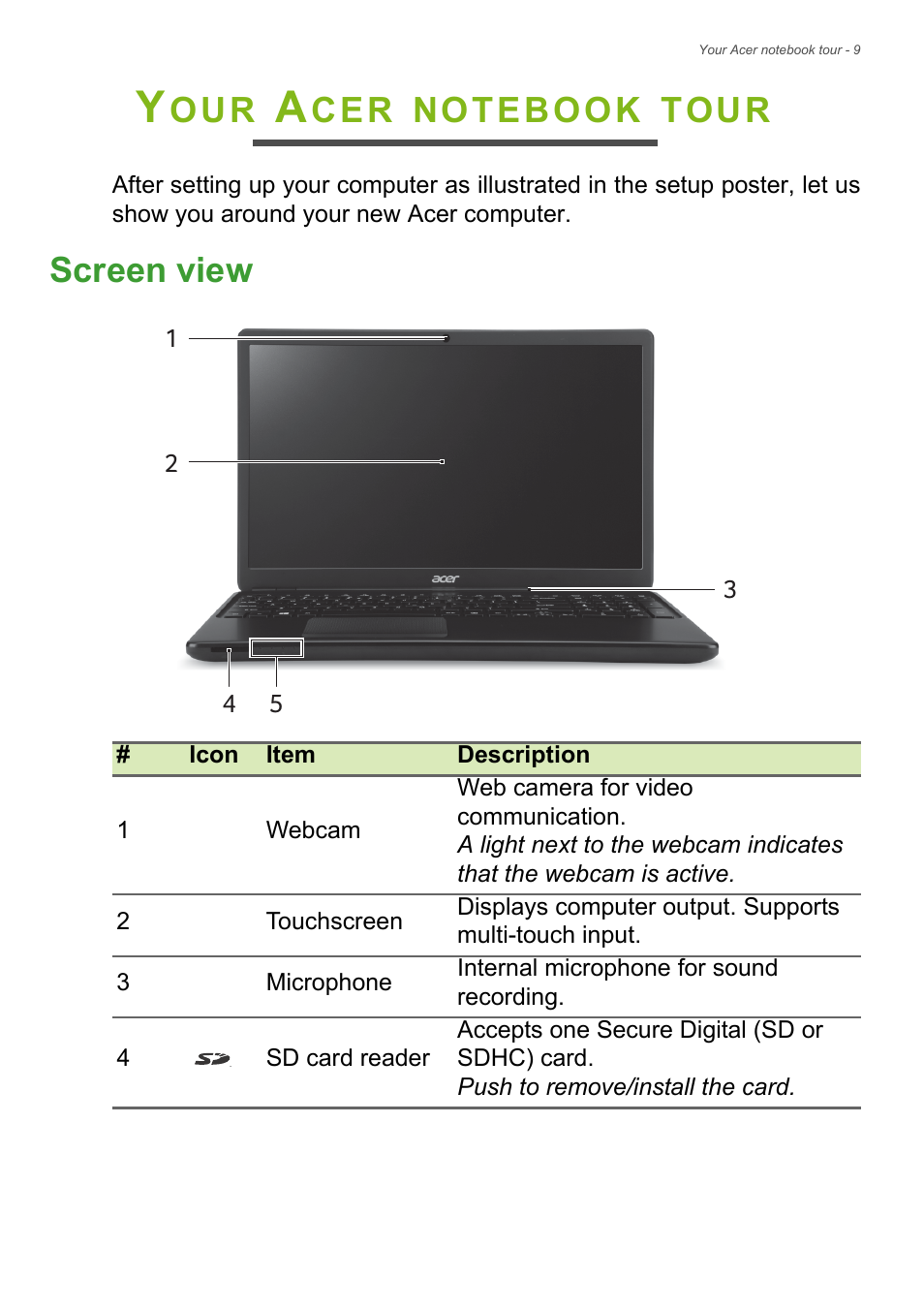 Your acer notebook tour, Screen view, Tour | Acer Aspire E1-510P User Manual | Page 9 / 95