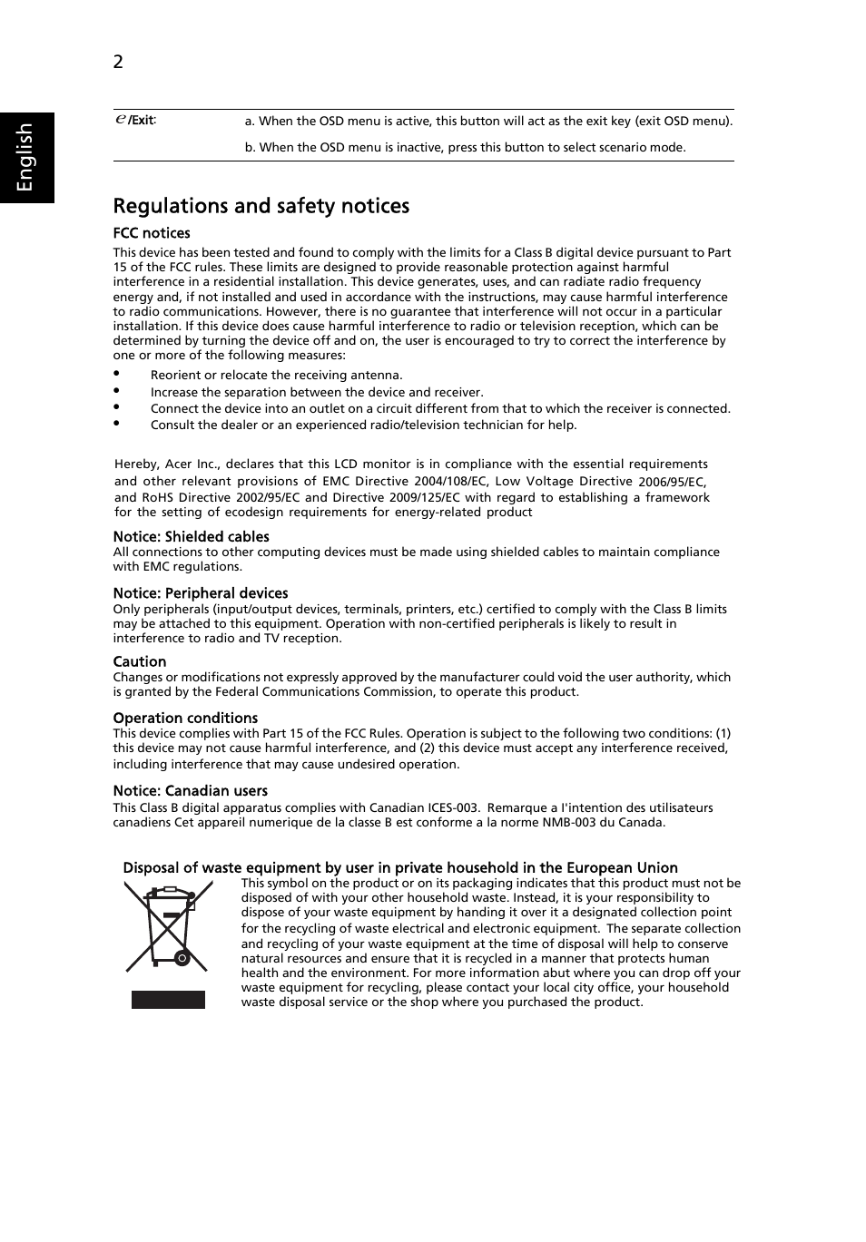 English regulations and safety notices | Acer B193L User Manual | Page 2 / 2