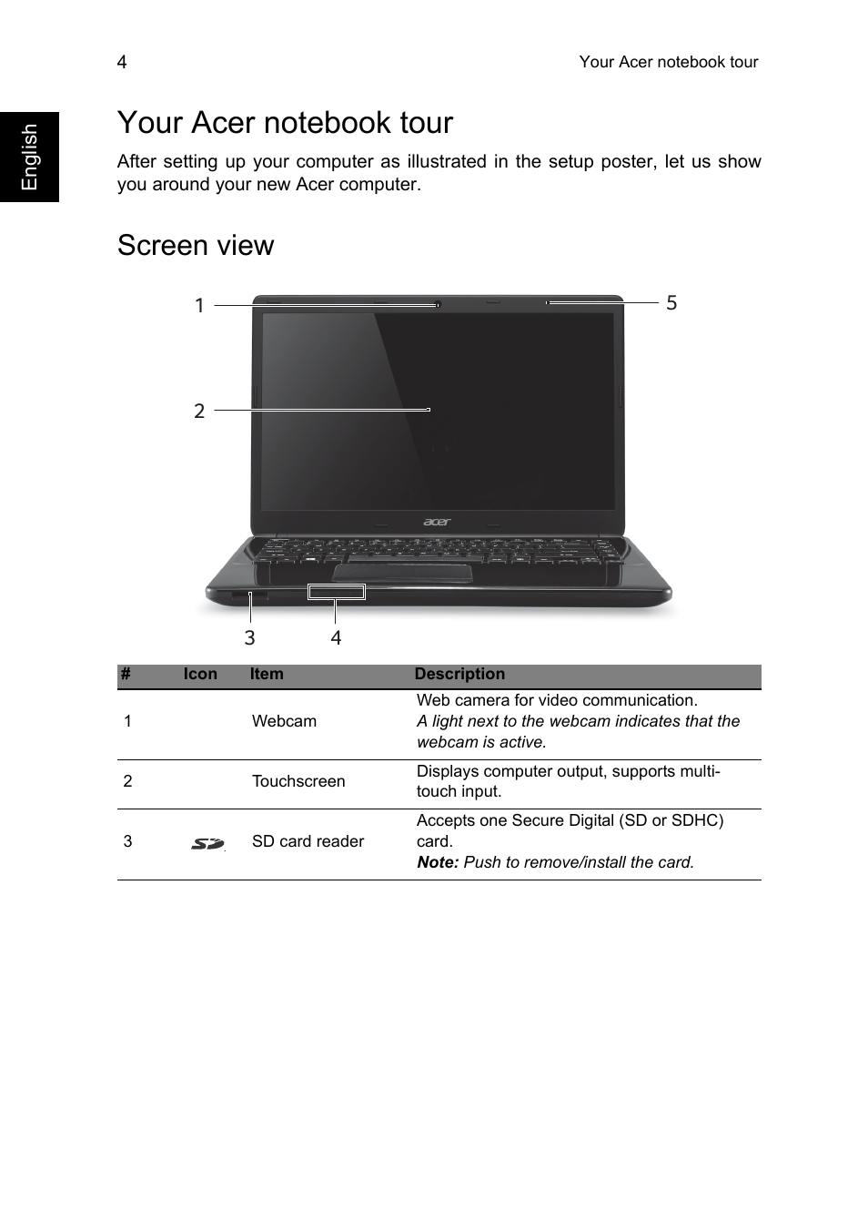 Your acer notebook tour, Screen view | Acer Aspire E1-470P User Manual | Page 4 / 9