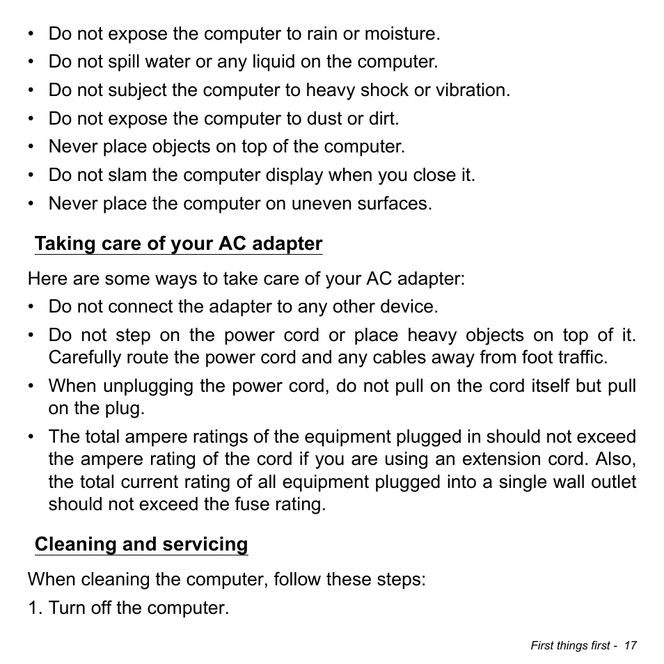 Taking care of your ac adapter, Cleaning and servicing | Acer W701P User Manual | Page 17 / 100