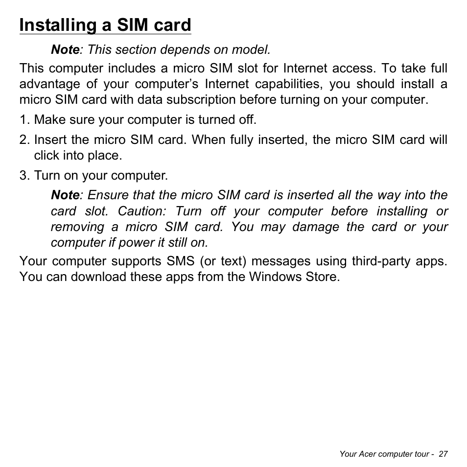 Installing a sim card | Acer W701P User Manual | Page 27 / 100