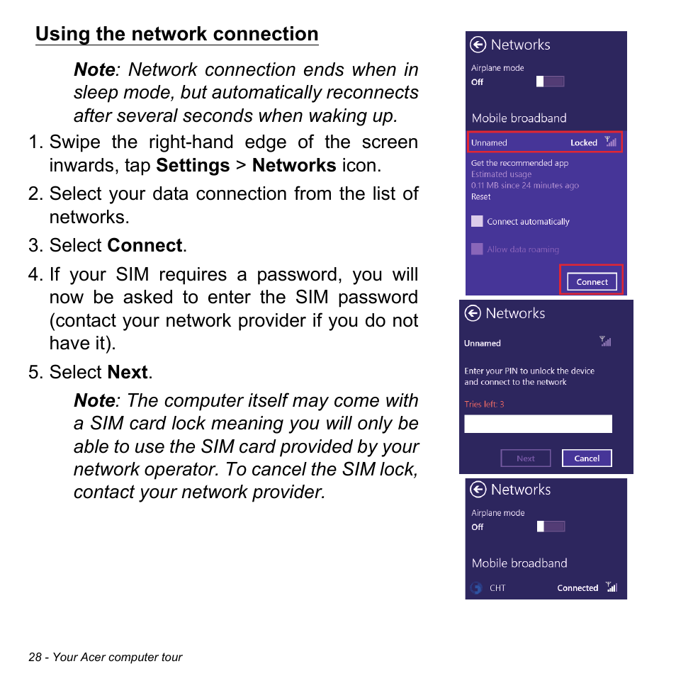 Using the network connection | Acer W701P User Manual | Page 28 / 100