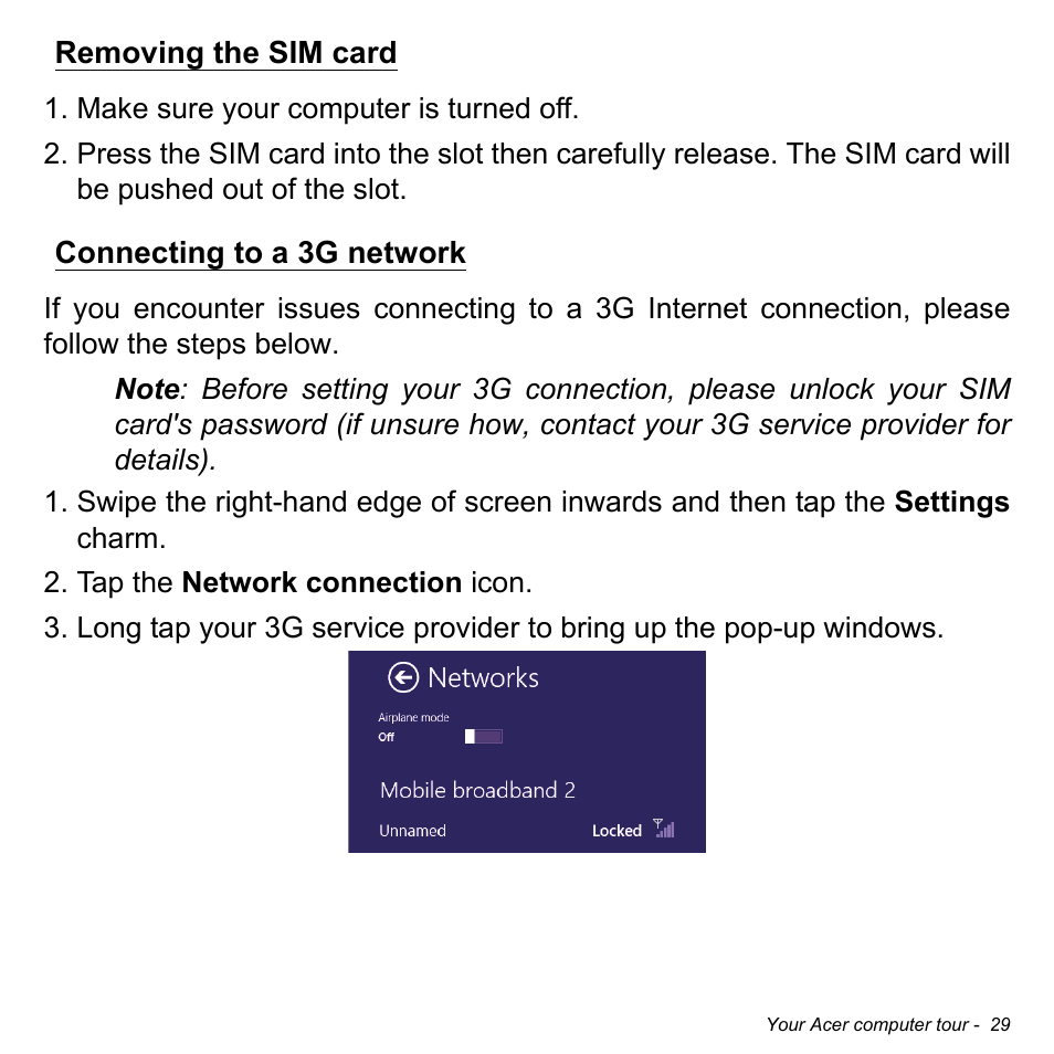 Removing the sim card, Connecting to a 3g network, Removing the sim card connecting to a 3g network | Acer W701P User Manual | Page 29 / 100