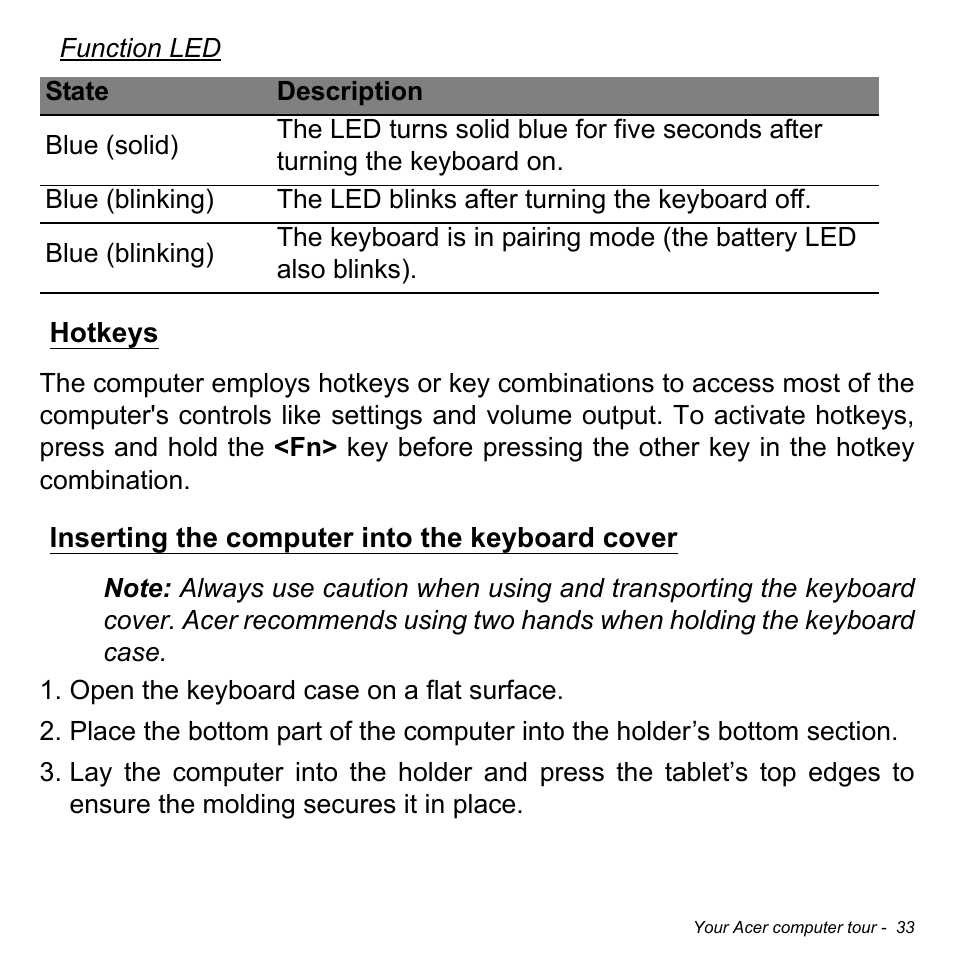 Hotkeys, Inserting the computer into the keyboard cover | Acer W701P User Manual | Page 33 / 100