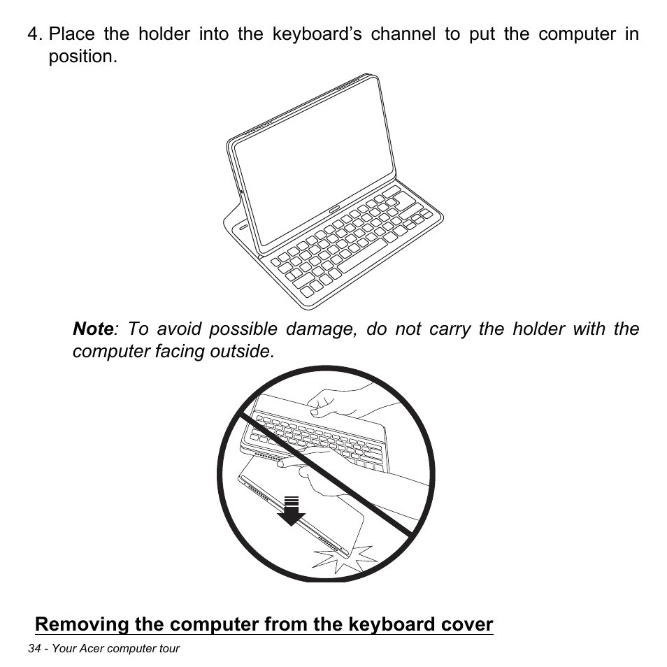 Removing the computer from the keyboard cover | Acer W701P User Manual | Page 34 / 100