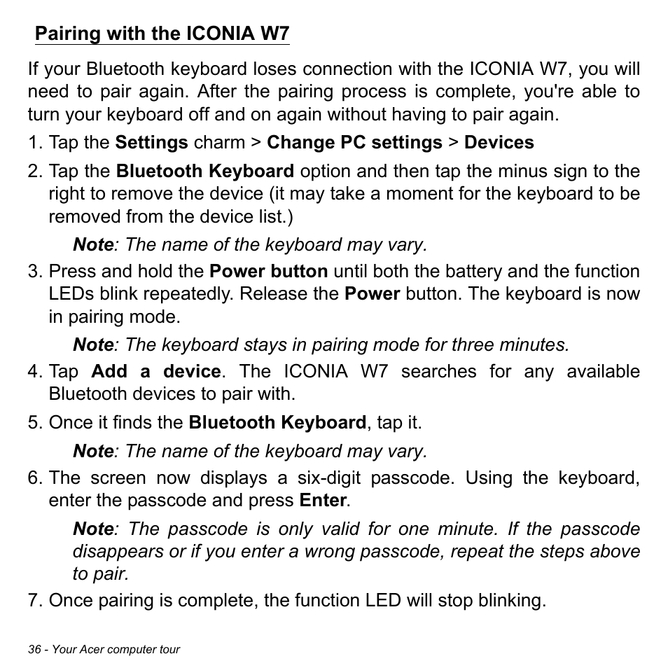 Pairing with the iconia w7 | Acer W701P User Manual | Page 36 / 100