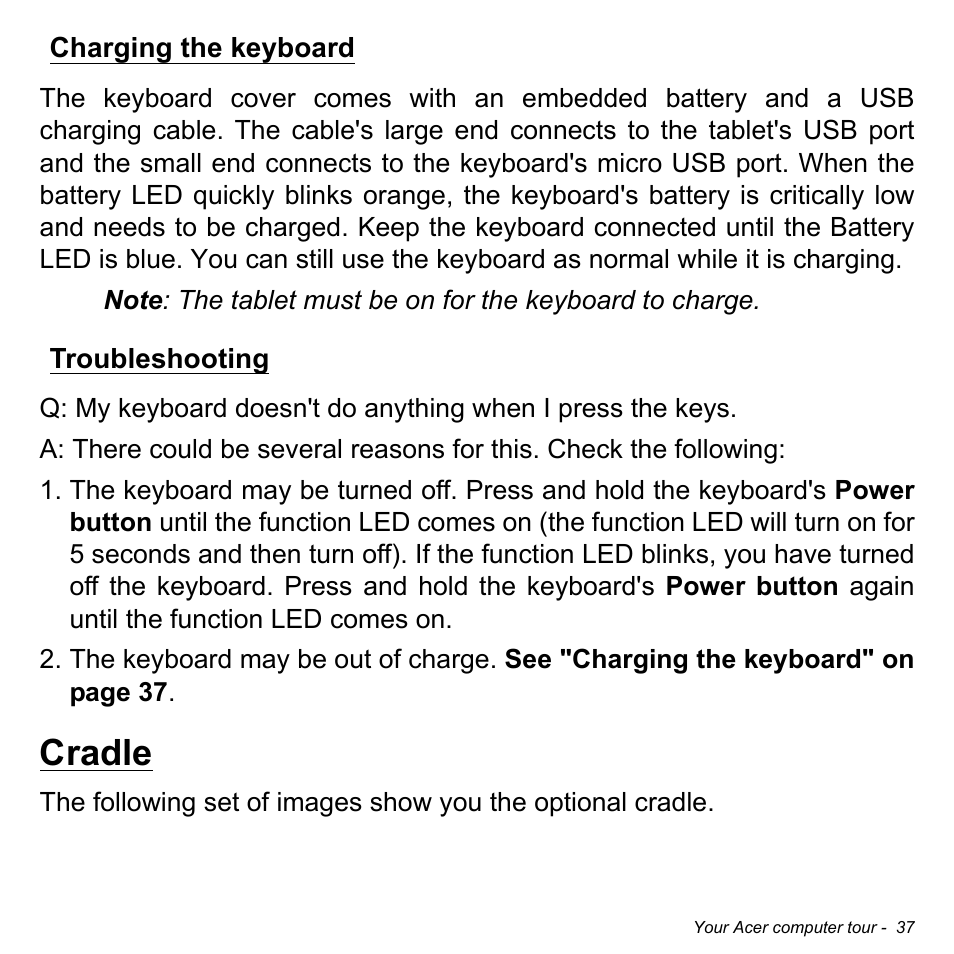 Charging the keyboard, Troubleshooting, Cradle | Acer W701P User Manual | Page 37 / 100