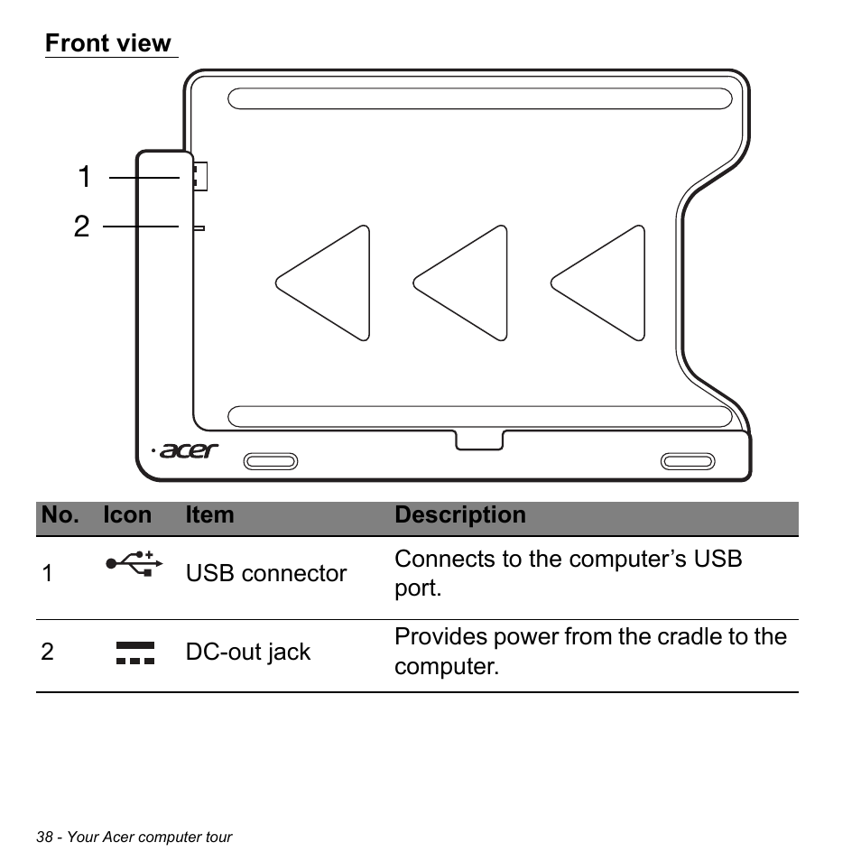 Front view | Acer W701P User Manual | Page 38 / 100