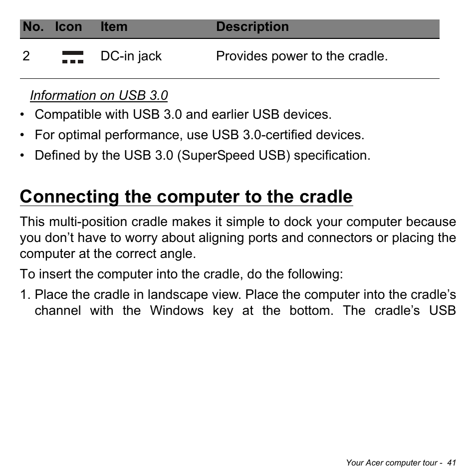 Connecting the computer to the cradle | Acer W701P User Manual | Page 41 / 100