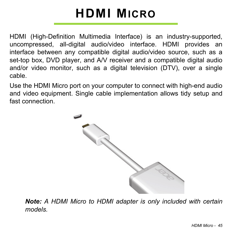 Hdmi micro, Hdmi m, Icro | Acer W701P User Manual | Page 45 / 100