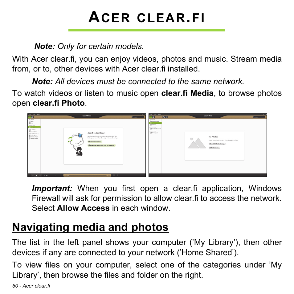 Acer clear.fi, Navigating media and photos, Clear | Acer W701P User Manual | Page 50 / 100