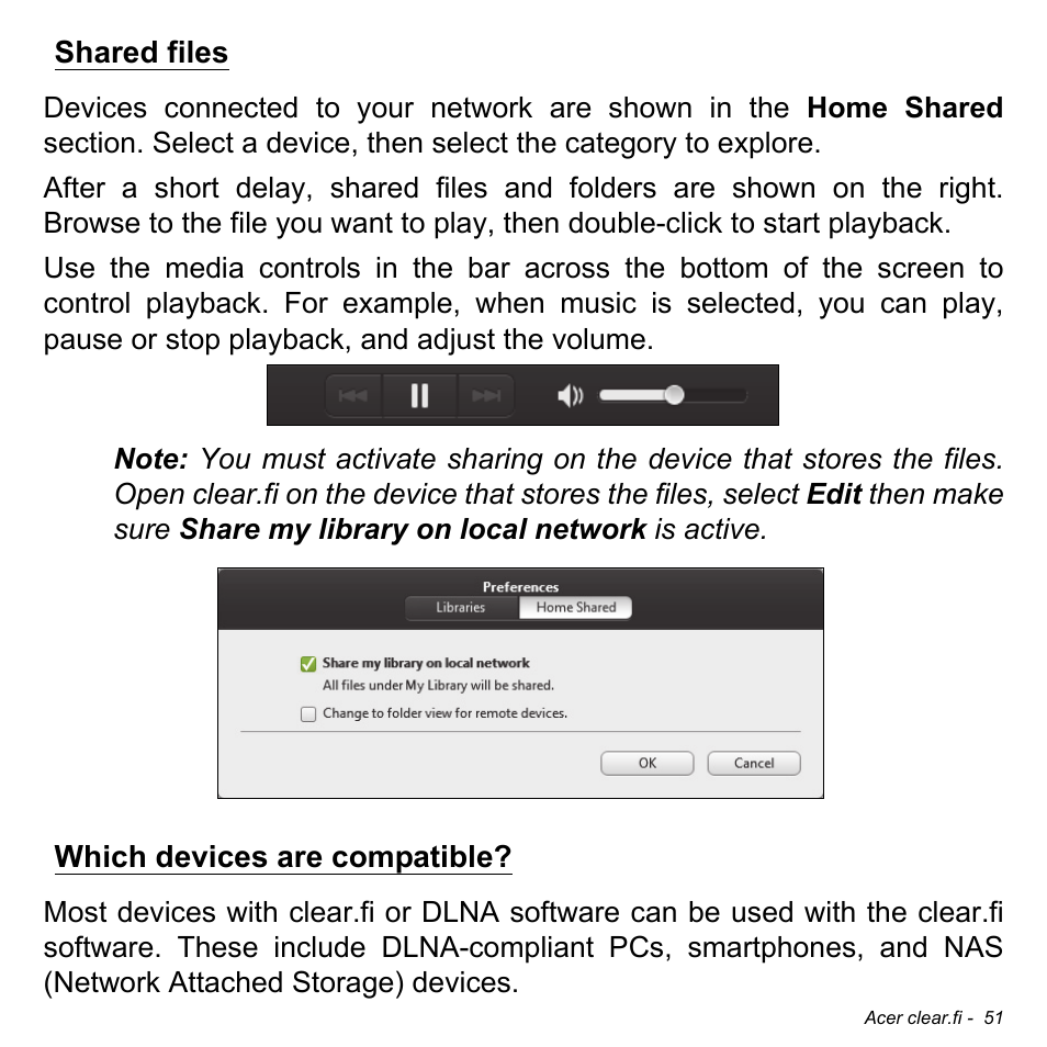 Shared files, Which devices are compatible, Shared files which devices are compatible | Acer W701P User Manual | Page 51 / 100