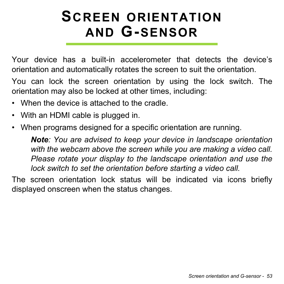 Screen orientation and g-sensor, Screen orientation, And g-sensor | Acer W701P User Manual | Page 53 / 100