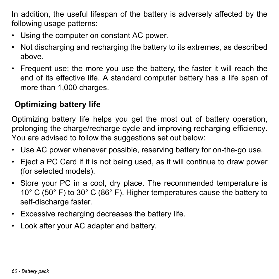 Optimizing battery life | Acer W701P User Manual | Page 60 / 100