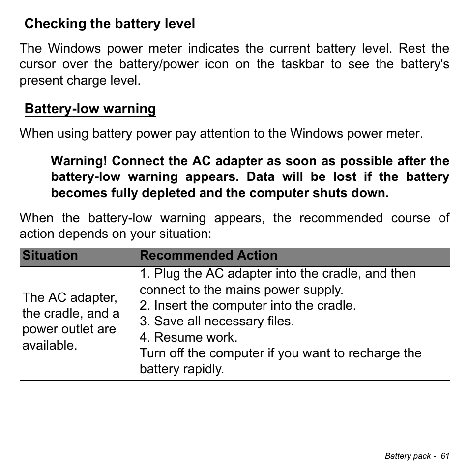 Checking the battery level, Battery-low warning, Checking the battery level battery-low warning | Acer W701P User Manual | Page 61 / 100