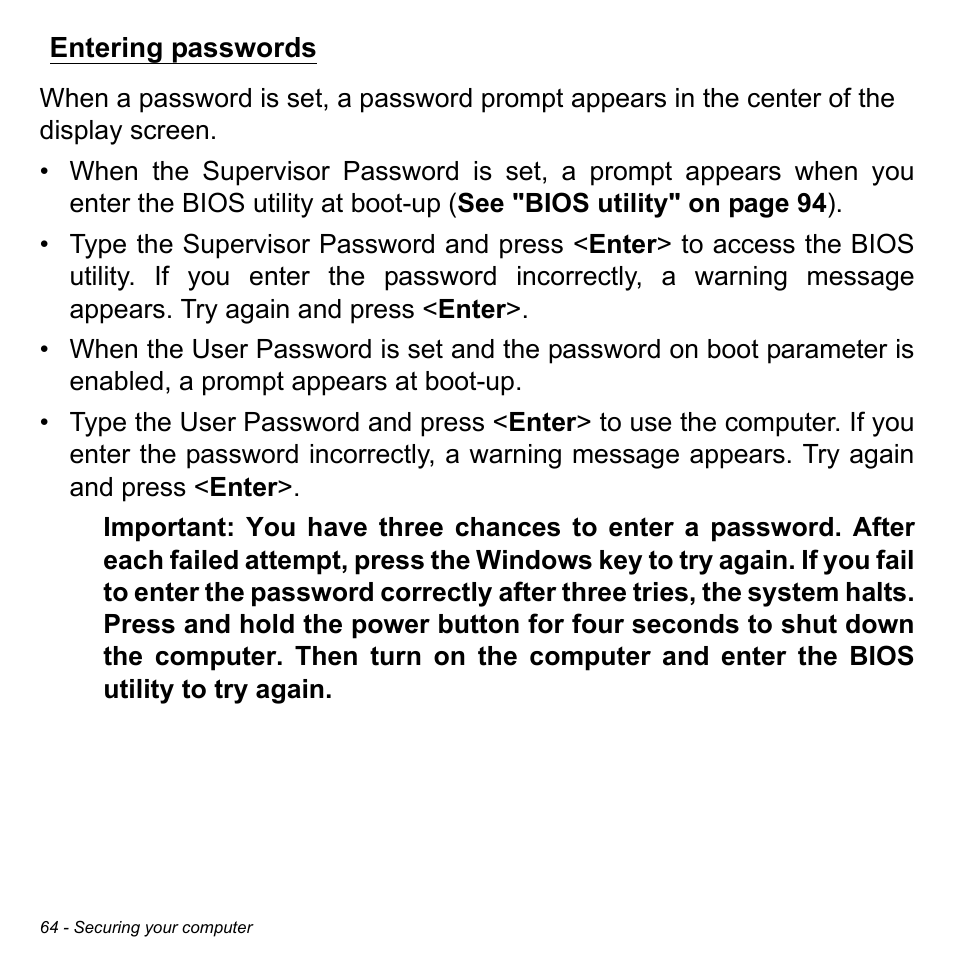 Entering passwords | Acer W701P User Manual | Page 64 / 100