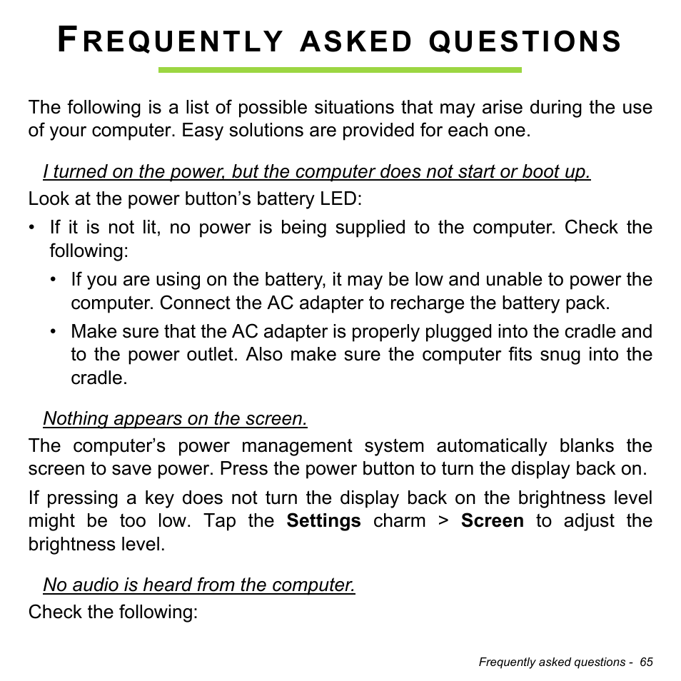 Frequently asked questions, Requently, Asked | Questions | Acer W701P User Manual | Page 65 / 100