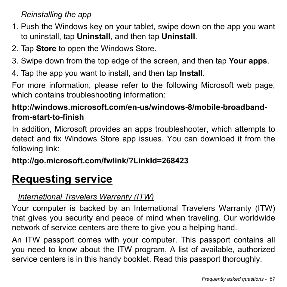 Requesting service | Acer W701P User Manual | Page 67 / 100