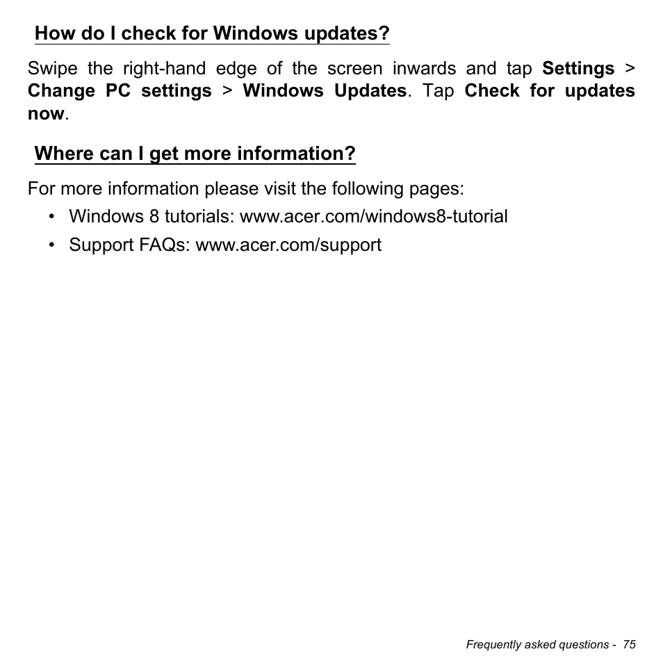 How do i check for windows updates, Where can i get more information | Acer W701P User Manual | Page 75 / 100